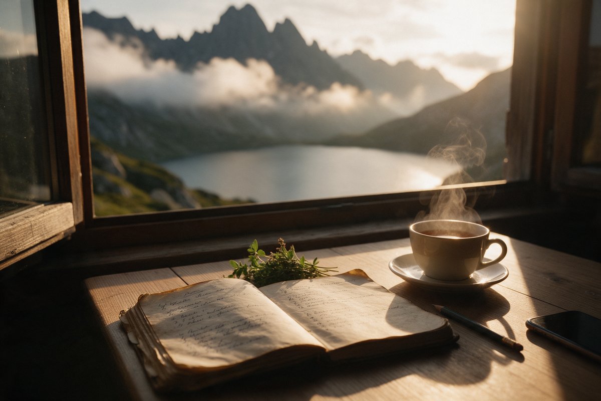 Open handwritten recipe notebook with fresh herbs, a pencil and a steaming cup of tea on a wooden table by a hut window, an alpine lake and peaks in the morning light outside