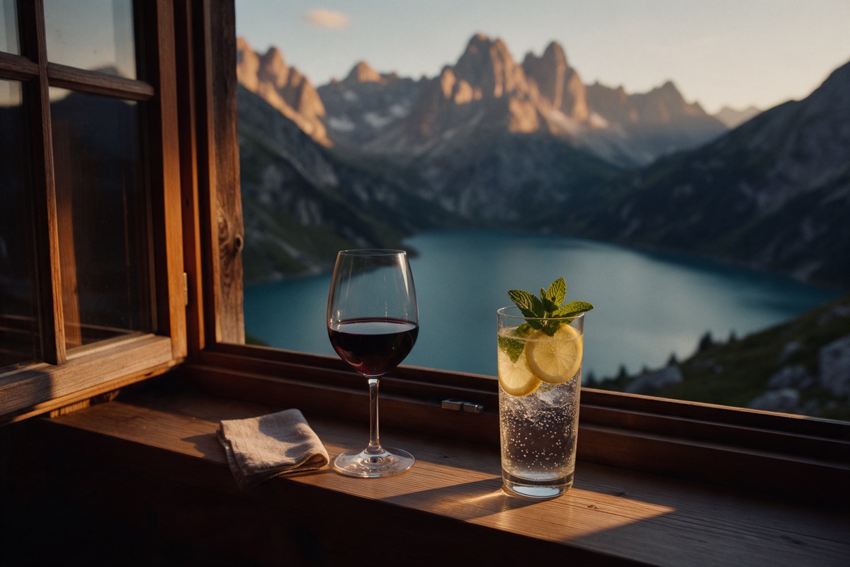Glass of red wine beside a glass of lemon water on the windowsill of a mountain hut
