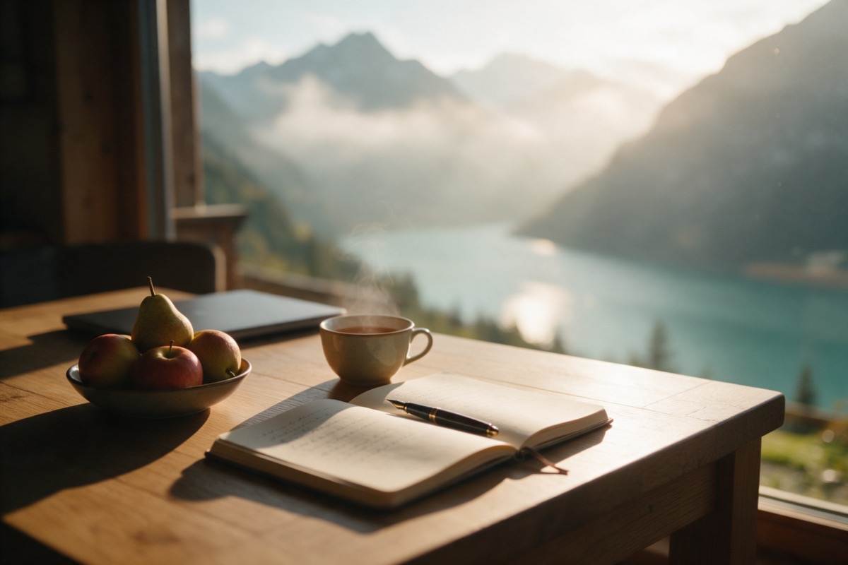 Desk by the window with notebook, tea and fruit in front of a mountain view