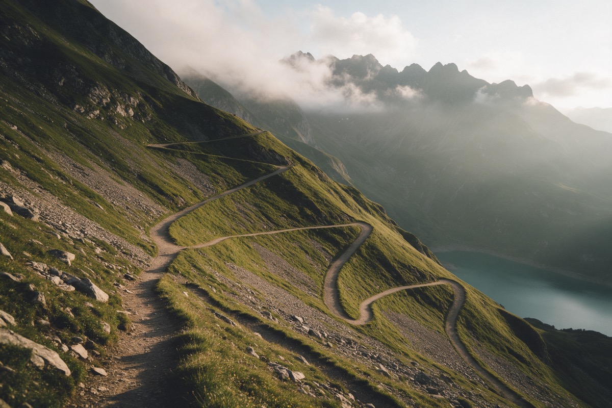 Hiking trail winding in switchbacks across a mountainside in the evening light