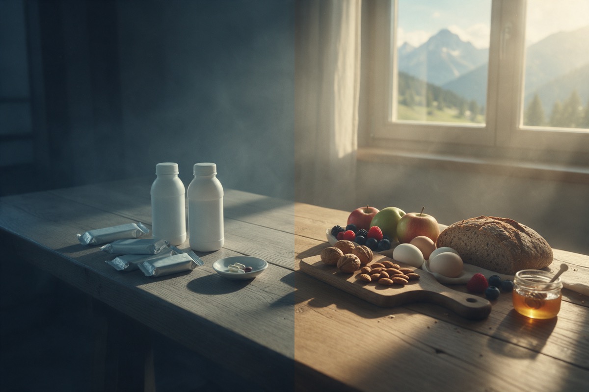 Table with shake bottles in the shade and fresh food in the sunlight