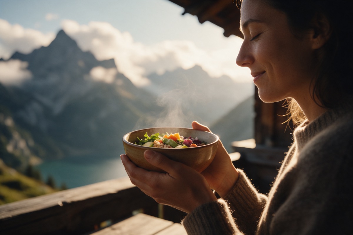 Woman holding a steaming bowl with her eyes closed on a mountain hut terrace