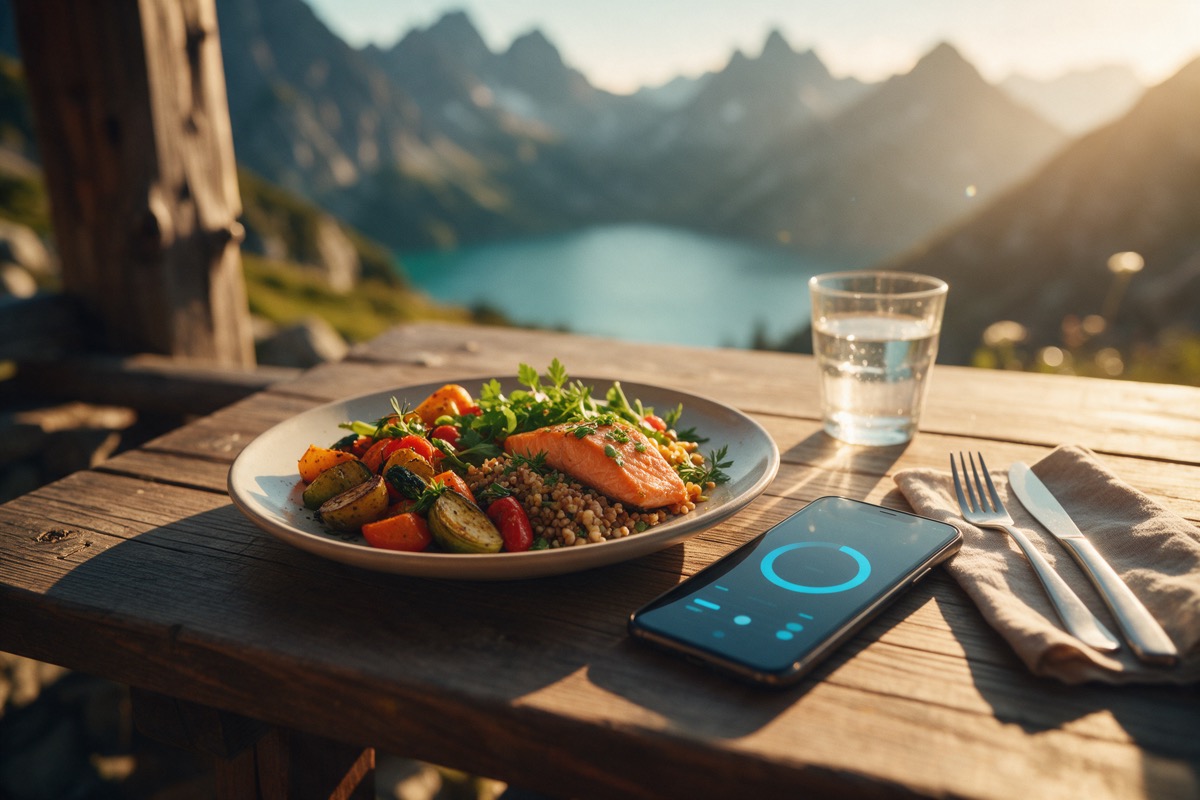 Home-cooked plate on a mountain hut table beside a smartphone running a tracking app