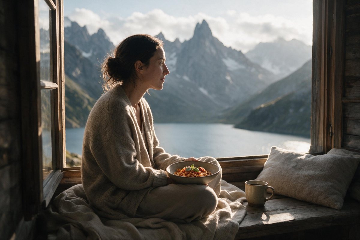 Woman in a cardigan curled up on a hut bench with a bowl of tomato pasta, an alpine lake outside the window.