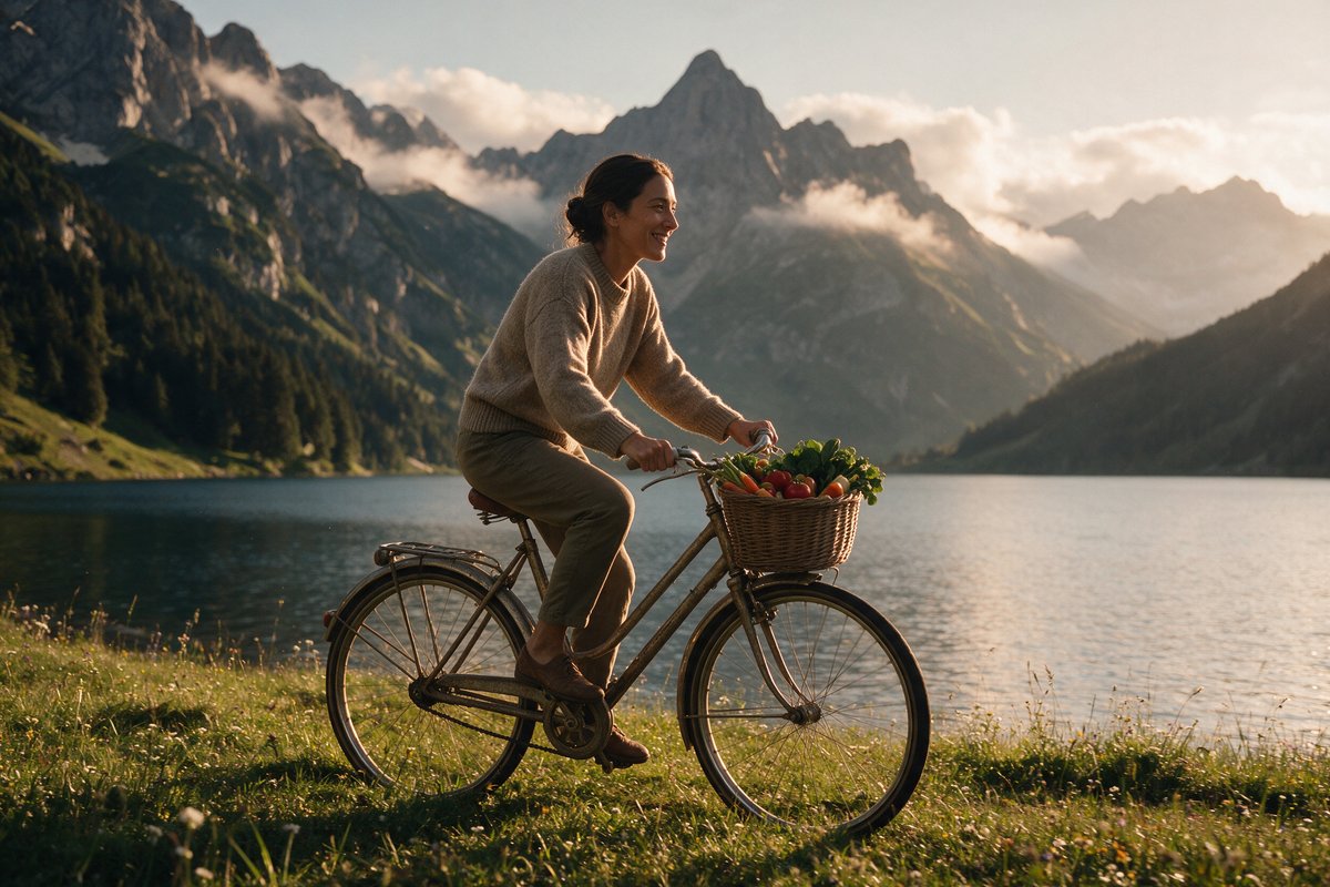 Smiling woman with her hair tied back rides an old bicycle along the shore of a mountain lake in the evening light, fresh vegetables in the basket