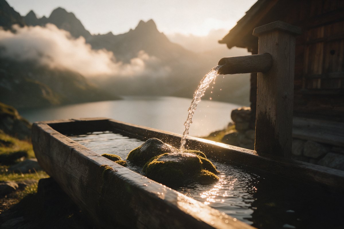 Clear spring water pours from a wooden spout into an old wooden trough beside a mountain hut in golden backlight, with an alpine lake, peaks and clouds behind