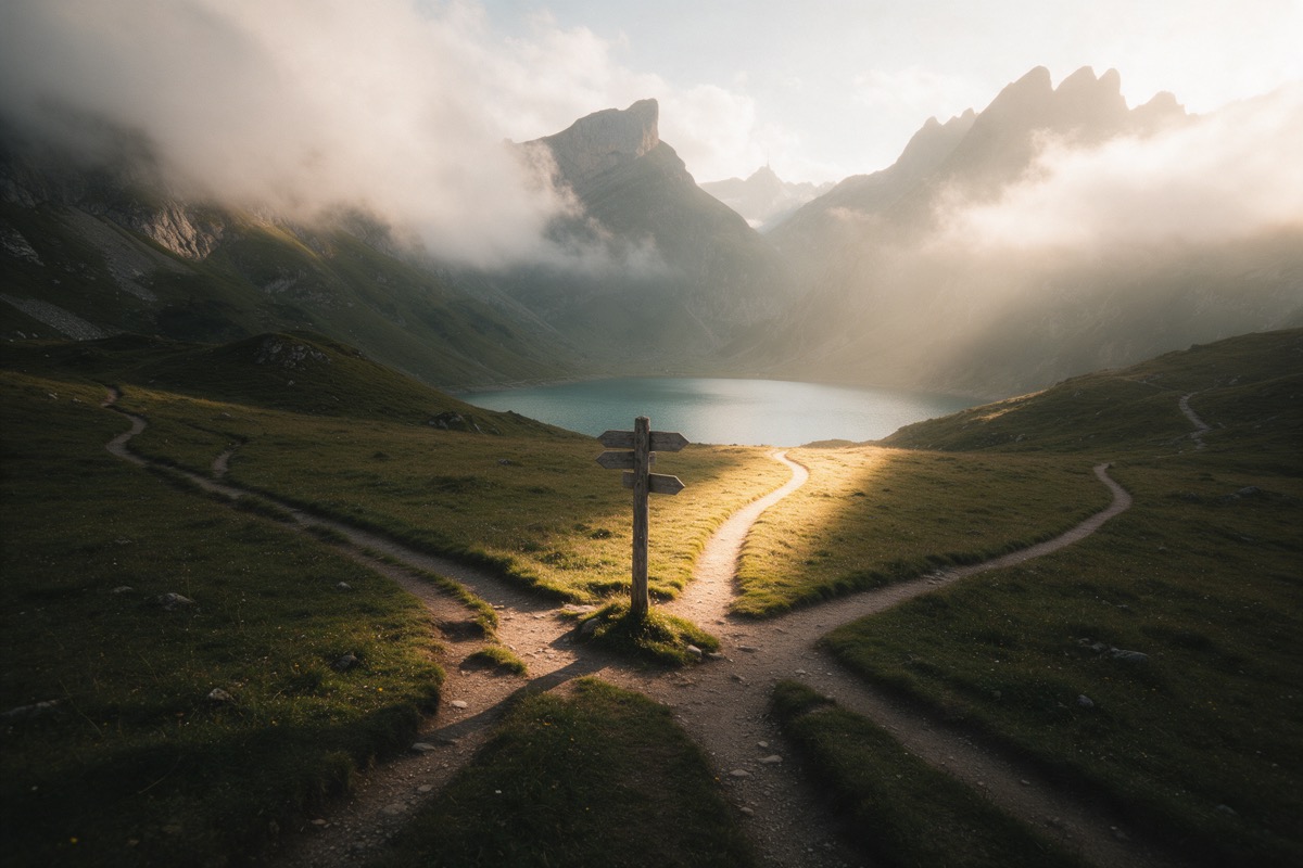 Fork in the trail on an alpine meadow, one path lit by golden light