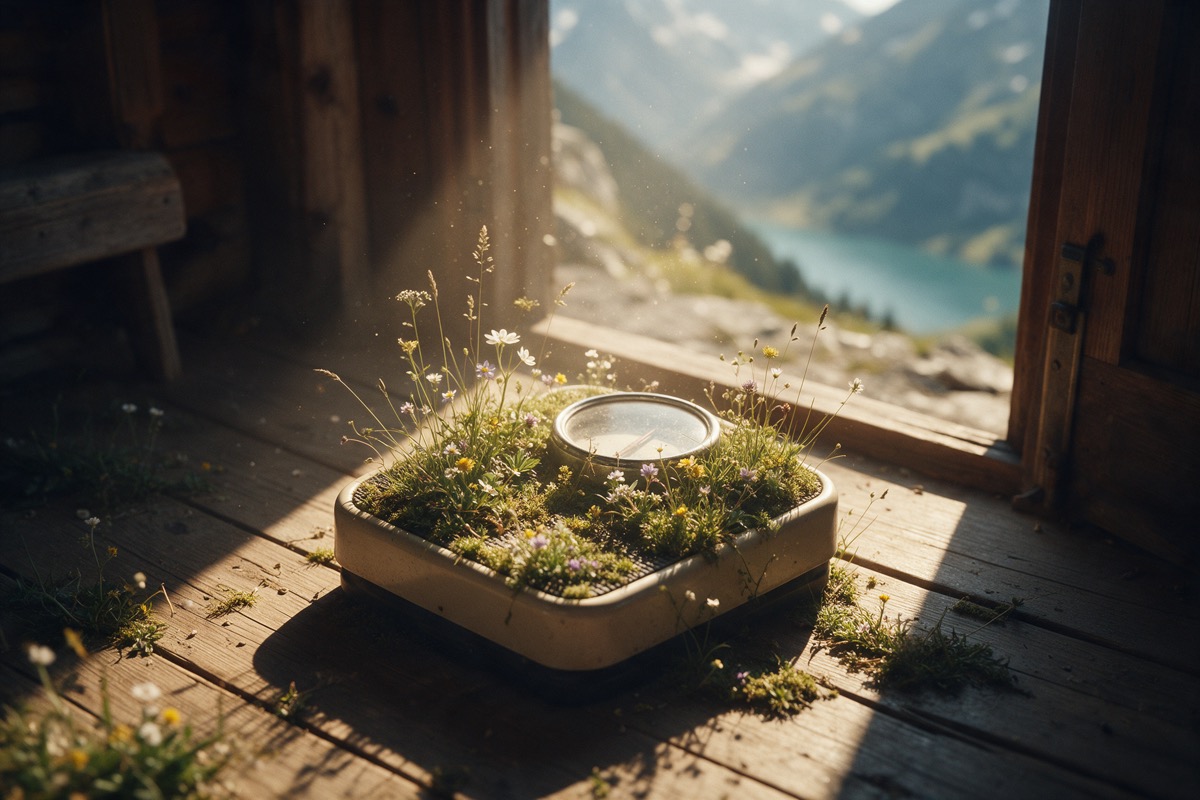 Old bathroom scale on wooden floorboards, overgrown with alpine flowers