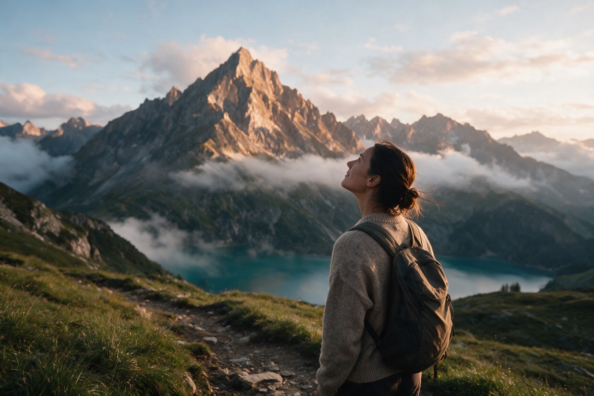 Woman on a mountain trail looking up toward the summit in the morning light