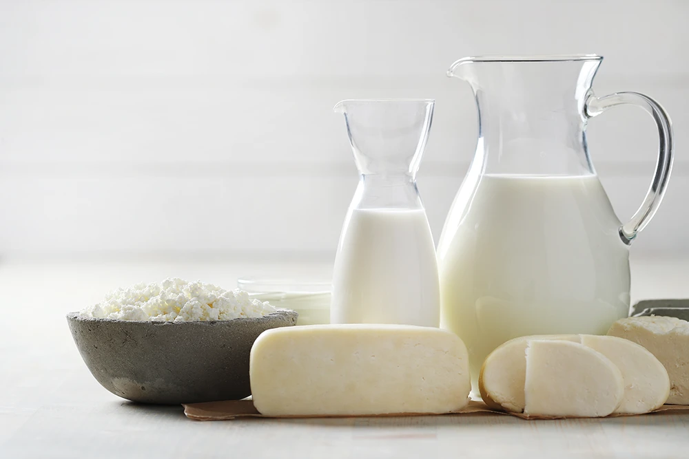 milk products on wooden table